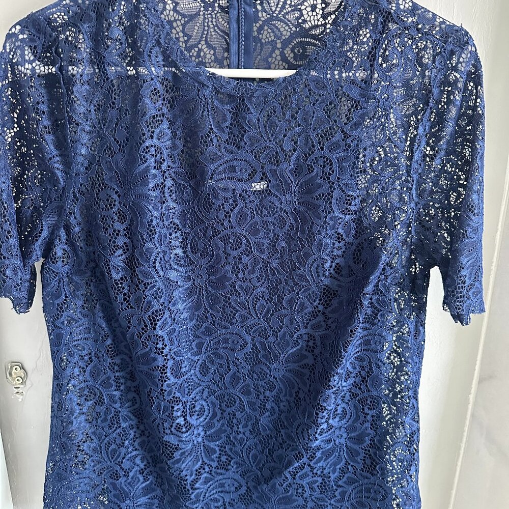 Lace Covered Short Sleeve Top with Attached Navy Blue Tank